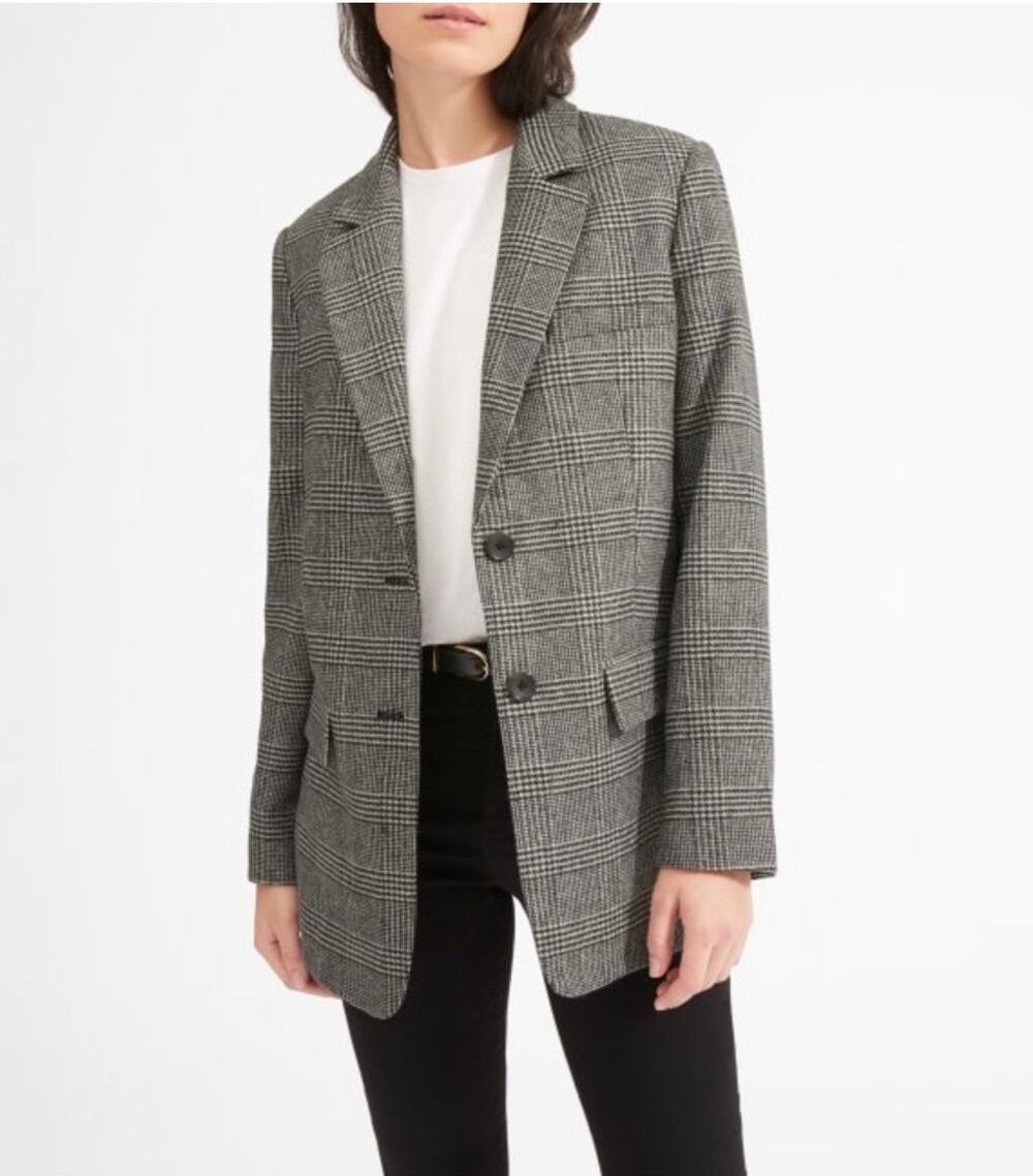 Everlane The Oversized Woven Blazer Wool Blend Single Breasted Jacket Glen Plaid